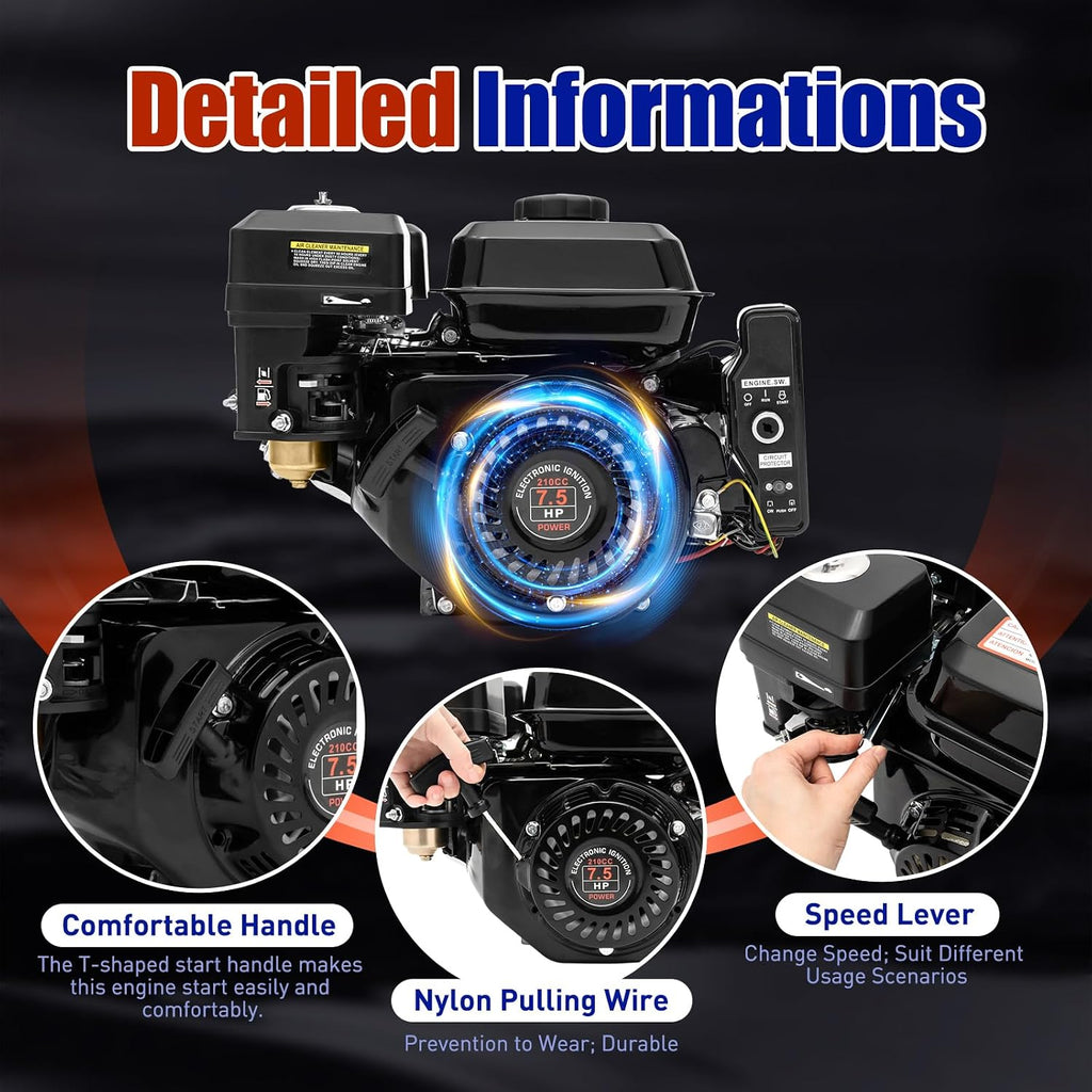 212cc 7.5HP 4 Stroke Gas Engine, 3600RPM Gas Engine with Forced Air Cooling 4-Stroke Electric Start Motor Industrial Grade OHV Gasoline Engine Go Kart Gas Engine Motor for Mowers Garden Tiller
