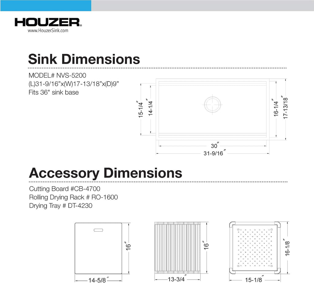 Houzer Novus Stainless Steel Kitchen Sink: 32 Inch Undermount Dual Platform Workstation Kitchen Sink with Accessories, Durable & Versatile, Essential for Home & Apartment: NVS-5200