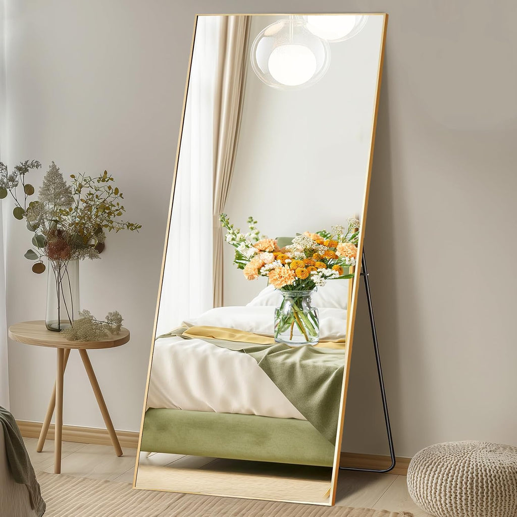DUMOS 26'x68' Full Length Mirror with Stand, Floor Standing Aluminum Frame, Shatter-Proof Nano Glass for Bedroom, Living Room, Cloakroom – Modern Simple Home Decor,Can Be Hanging or Leaning, Gold