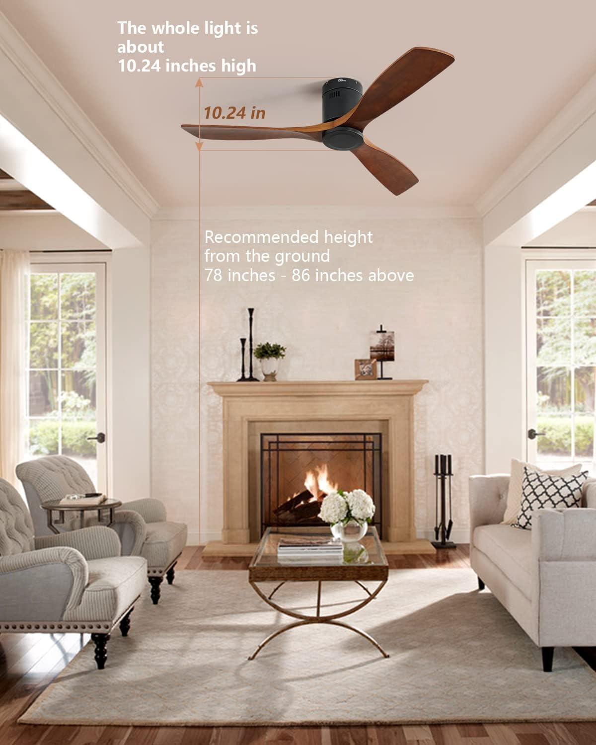 Sofucor Ceiling Fan No Light, 52 Inch Flush Mount Ceiling Fan With Remote Control, Indoor/Outdoor Ceiling Fans Without Lights, Reversible DC Motor, 3 Blade Solid Wood Ceiling Fans for Bedroom Patio