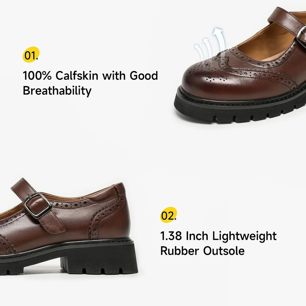 BEAU TODAY Mary Jane Shoes Women Mary Jane Flats Womens Oxford Wingtips Comfort Leather Round Toe Brogue Non-Slip Dressy Casual Cute Girls School Work Shoes