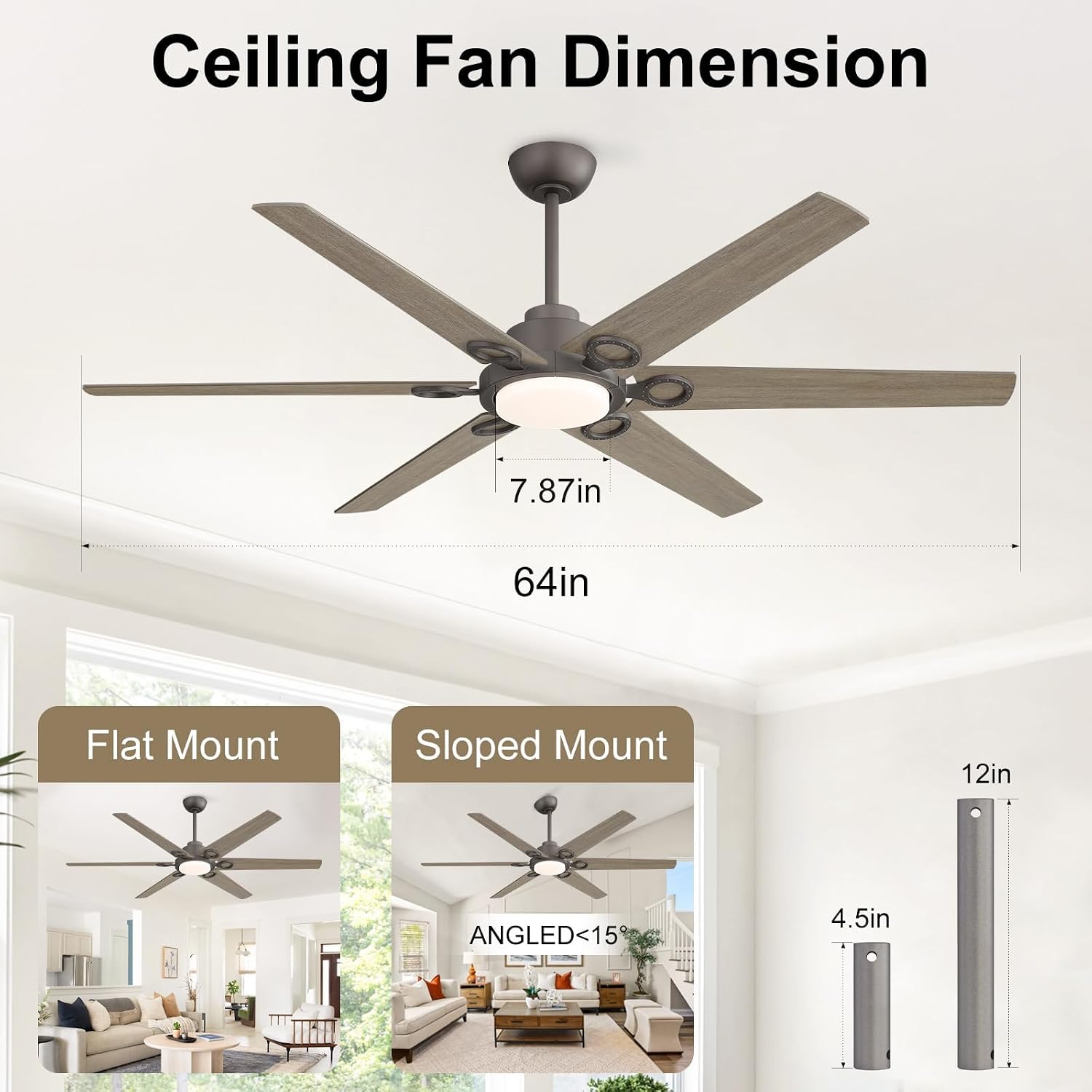 WINGBO Ceiling Fan with Lights - 64 inch Ceiling Fan with Remote,3CCT, Dimmable Light,6 Blades Modern Ceiling Fan, 6-Speed Noiseless Powerful DC Motor, ETL Listed, Indoor/Outdoor, Charcoal gray +Light