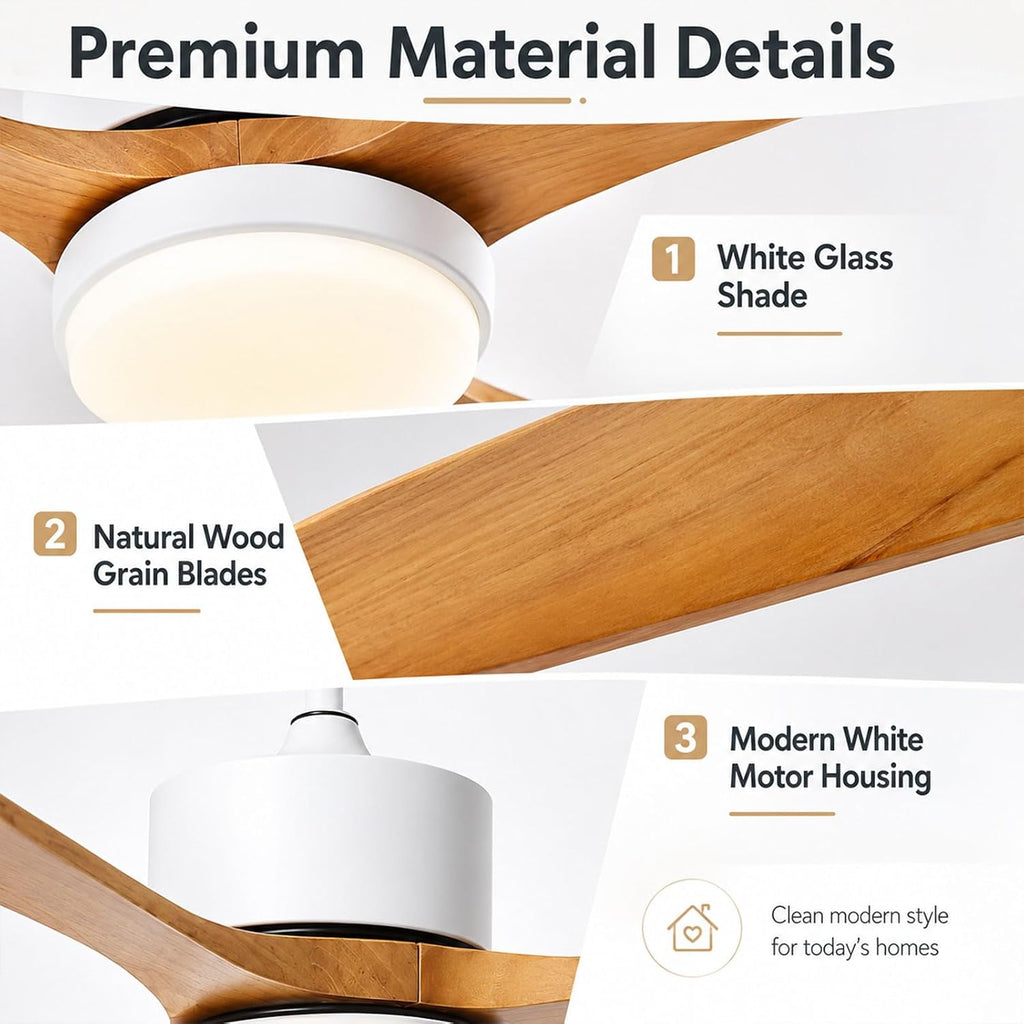 48-Inch Modern Ceiling Fan with LED Light, 6-Speed DC Motor, Remote & Wall Control, Reversible Blades Wood Quiet Ceiling Fans for Bedroom & Living Room
