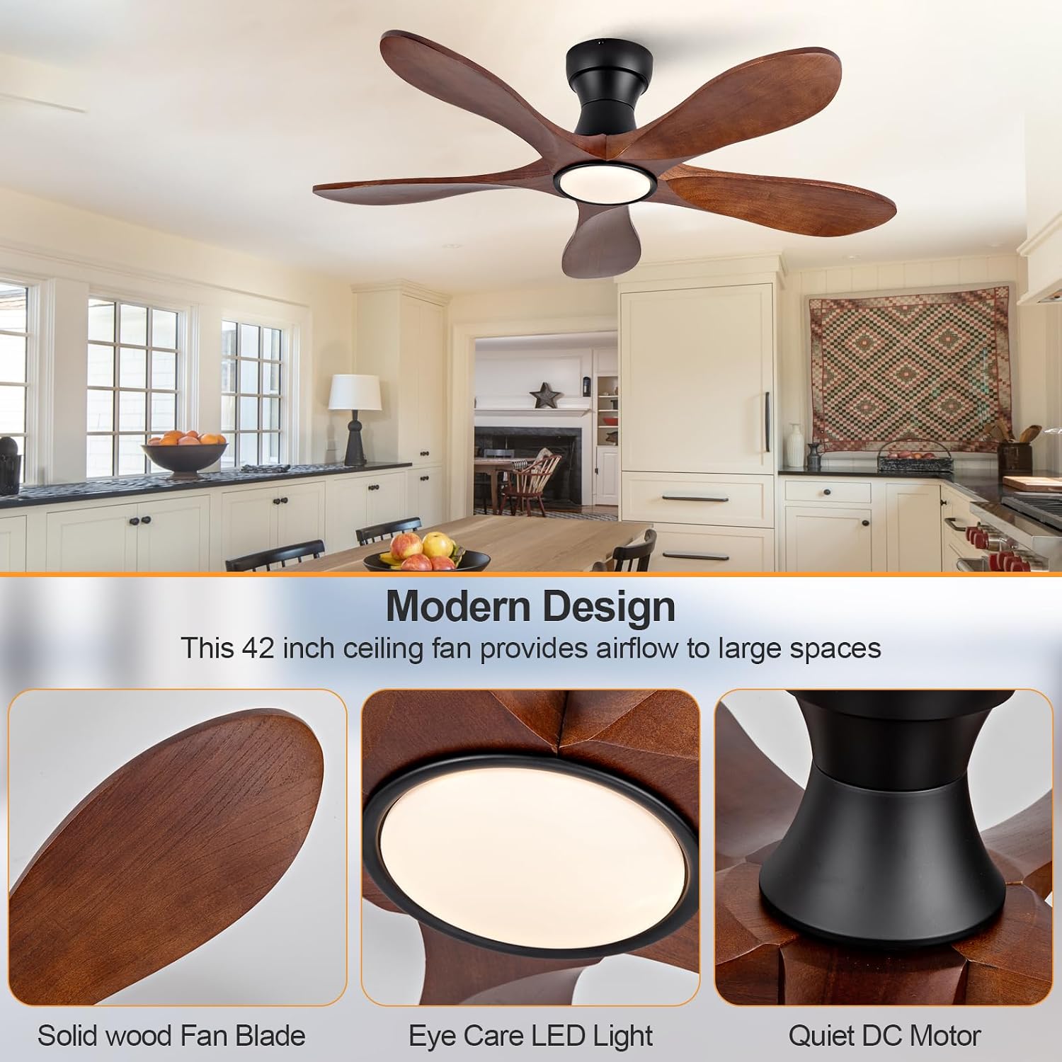 42 Inch Flush Mount Ceiling Fans with Lights and Remote, Dimmable 5 Blade Wood Outdoor Ceiling Fan Outdoor Fans for Patios Low Profile Modern Ceiling Fan with Light for Bedroom Living Room