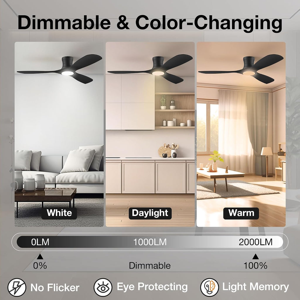 52 Inch Wood Ceiling Fans with Lights Remote,Low Profile Flush Mount Ceiling Fan with Light,Outdoor Indoor Modern Ceiling fan for Bedroom Living room Patio,Matte Black,3 Blades,Dimmable,Ultra-Quiet