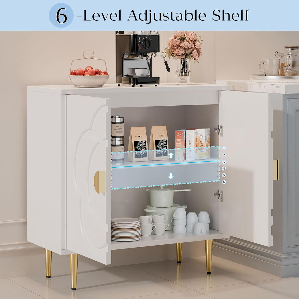 TOLEAD Storage Cabinet, Modern Cabinet with Decorative Flower Pattern Doors, Accent Sideboard Buffet Cabinet for Hallway, Living Room, Kitchen, White