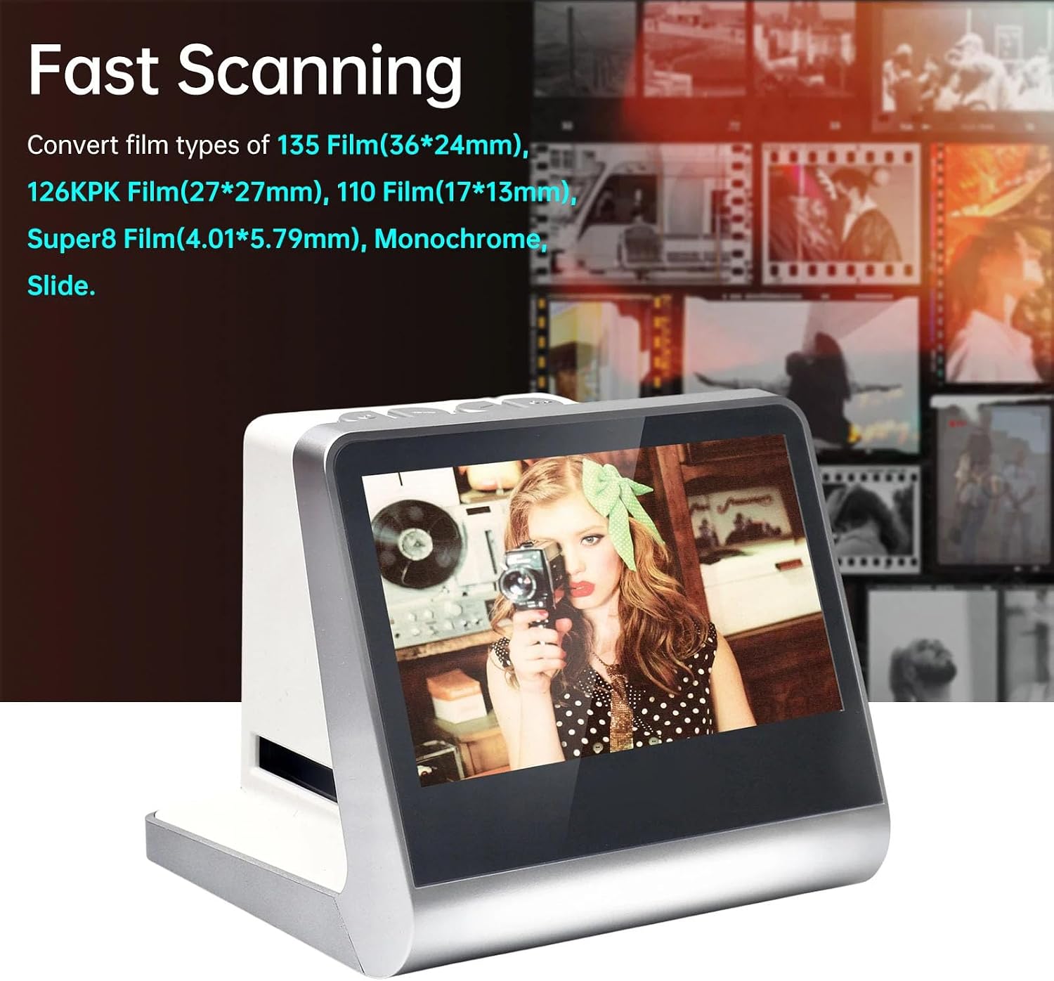 5-inch Screen 22MP Film Scanner,135 Film/126KPK/110 Film/Super8/Monochrome/Slide to Digital JPEG Photos