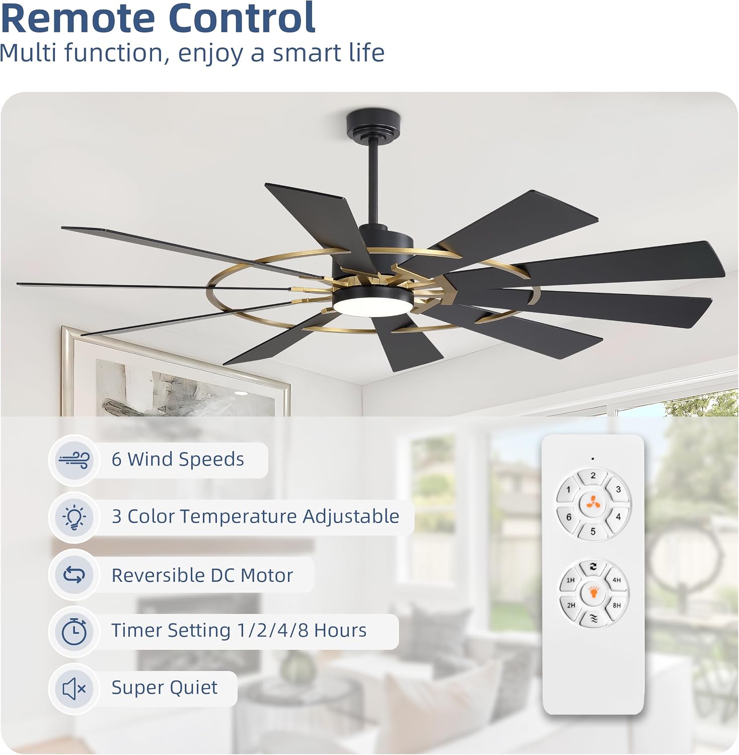 WINGBO 72' Windmill Ceiling Fan with Lights, 3 Downrod, 6-Speed Reversible DC Motor, 3CCT, 10 Blade Indoor Farmhouse DC Ceiling Fans for Kitchen Bedroom Living Room Patio, Aged Brass and Black