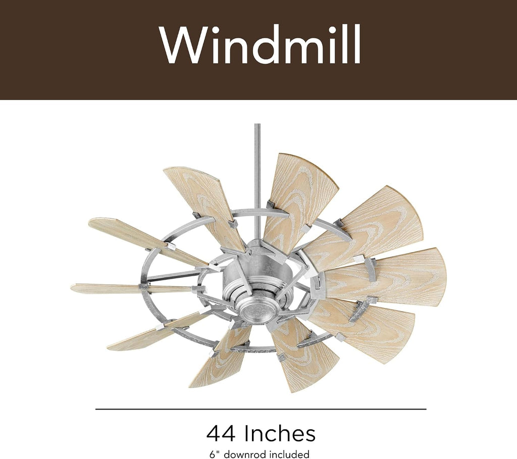 Quorum 194410-9 Windmill 44 Inch Ceiling Fan | 10 Blade Indoor Outdoor Fan | 3 Speed DC Motor | Wall Control Included | Light Kit Adaptable | Galvanized Finish with Weathered Oak Blades