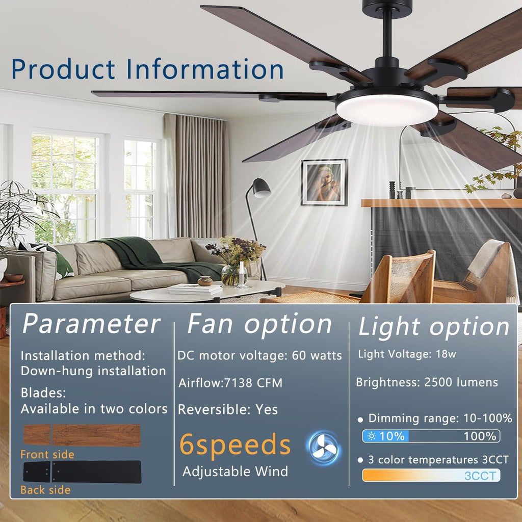 FUMLTP 66 inch Large Ceiling Fans with Lights，Brown Low Profile Ceiling Fan with light and Remote Control，3 CCT Dimmable，Quiet DC Motor，Indoor/Outdoor Ceiling Fan for Bedroom Living Room Patio,Porch.