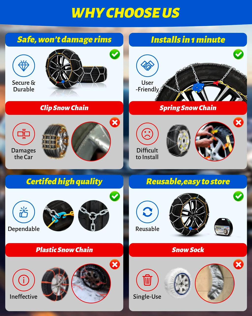 Auto Tightening Snow Chains Tire Chains For Cars Suv Pickup Trucks - Auto Tightening 1 Min Quick Fit AND Easy Installation, Reusable Universal Emergency Traction Snow Chains - Set of 2（HKN110）