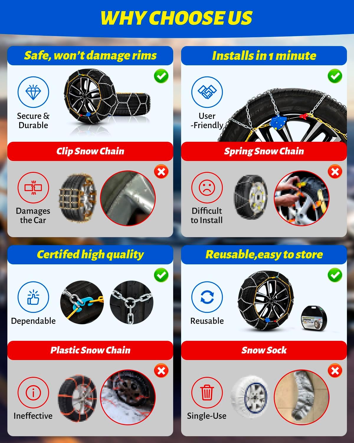Auto Tightening Snow Chains Tire Chains For Cars Suv Pickup Trucks - Auto Tightening 1 Min Quick Fit AND Easy Installation, Reusable Universal Emergency Traction Snow Chains - Set of 2（HKN160）
