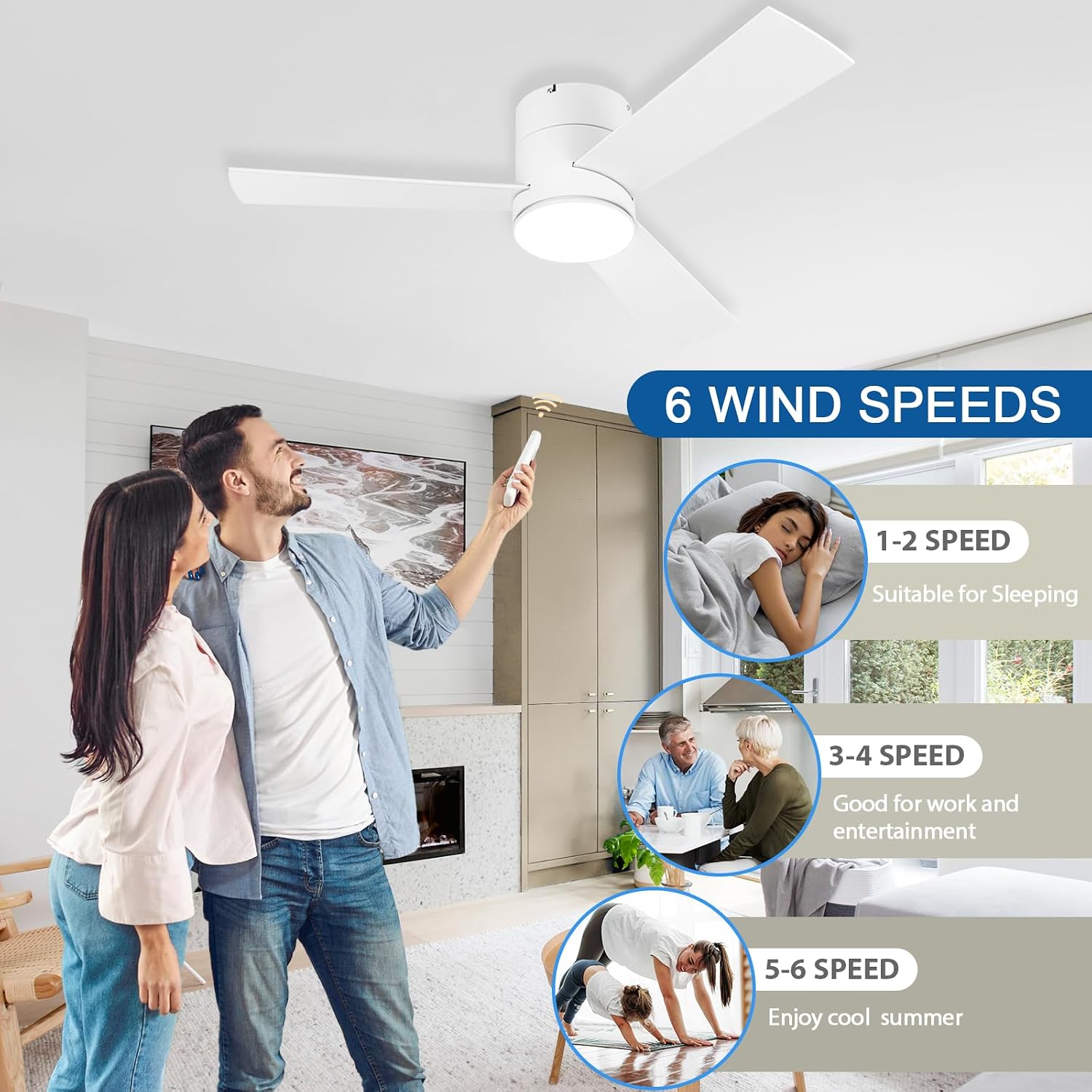 GESUM 42 Inch Ceiling Fan with Lights, Flush Mount Ceiling Fans with Remote Control, Dimmable, 3CCT, Reversible, White Outdoor Ceiling Fans for Patios Bedroom Kitchen Porch