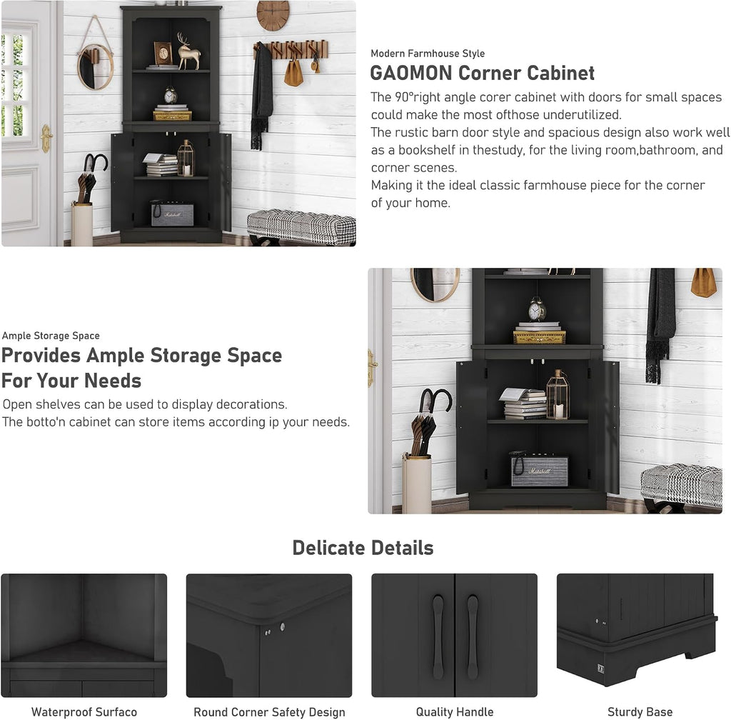 KEIKI 69.3' Corner Storage Cabinet with Round Edges, 2 Open Shelves and Door for Maximum Storage in Small Spaces, Stylish - Black