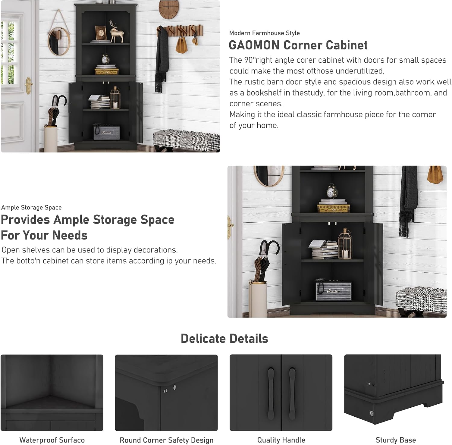 KEIKI 69.3' Corner Storage Cabinet with Round Edges, 2 Open Shelves and Door for Maximum Storage in Small Spaces, Stylish - Black