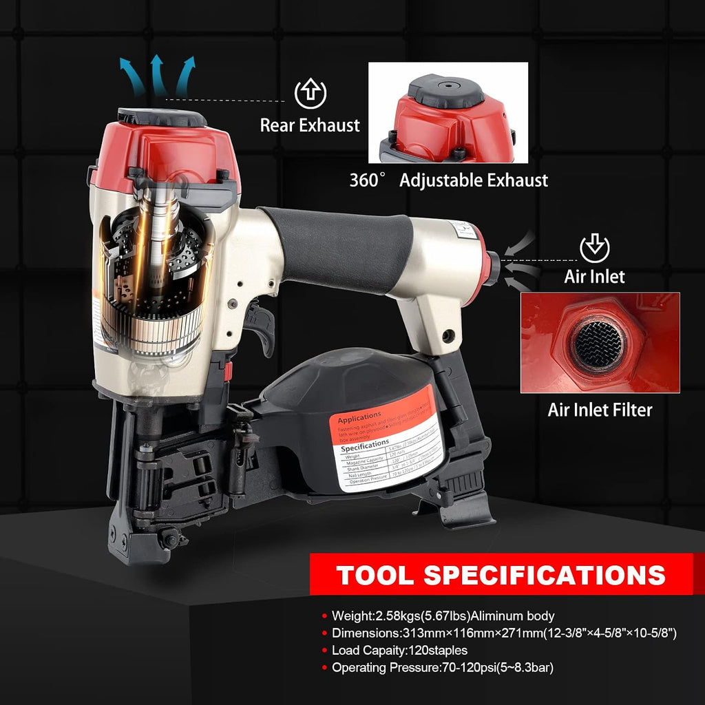 Roofing Nail Gun, 15 Degree 3/4-inch to 1-3/4-inch Pneumatic Roofing Nailer, Heavy Duty Coil Roofing Nailer for Asphalt Fiberglass Shingles Lath Wire Fasterening Wooden Box Assembly