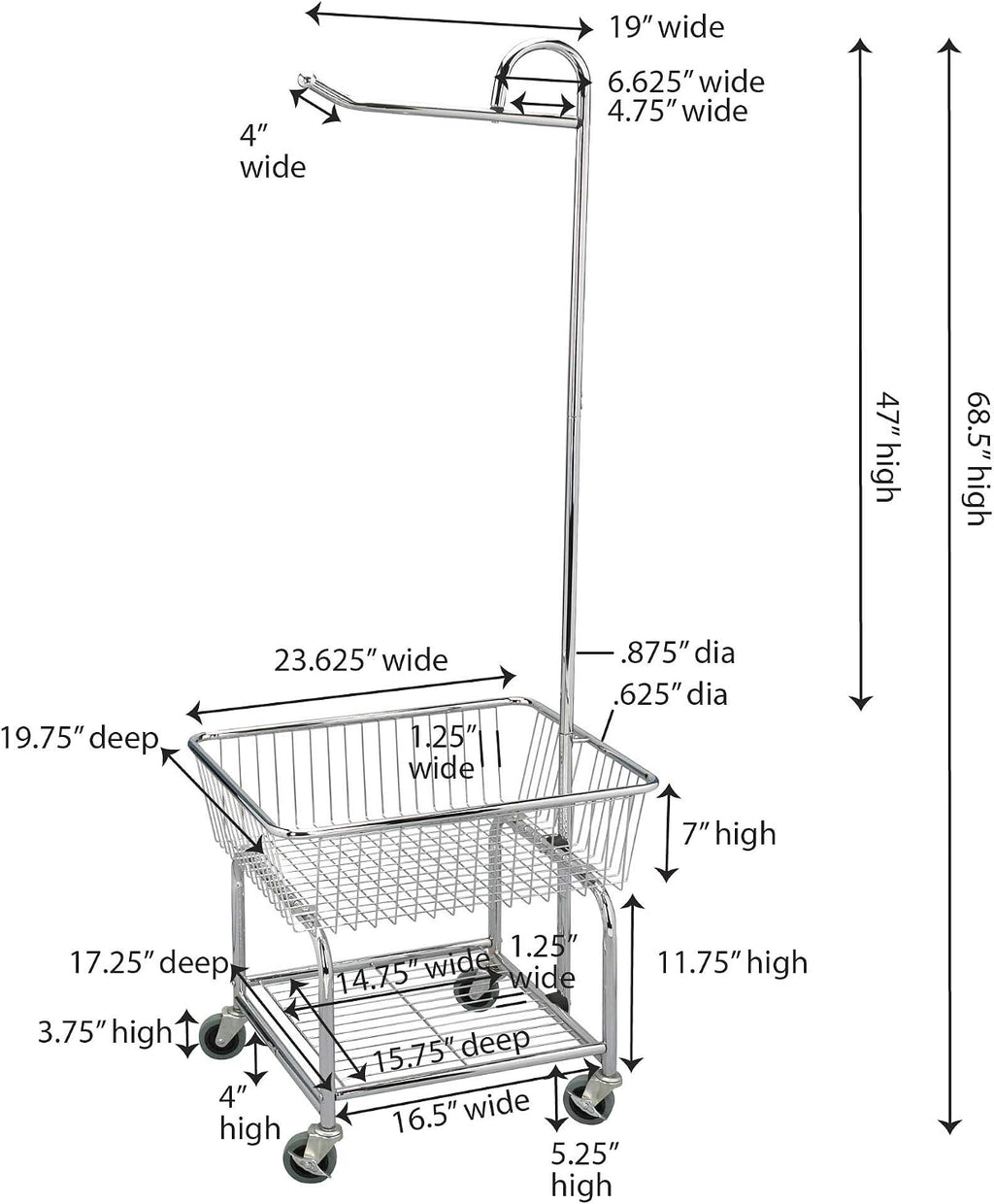 Household Essentials 6028-1 Rolling Laundry Cart with Hanging Bar - Chrome Finish, STORAGE, Metallic