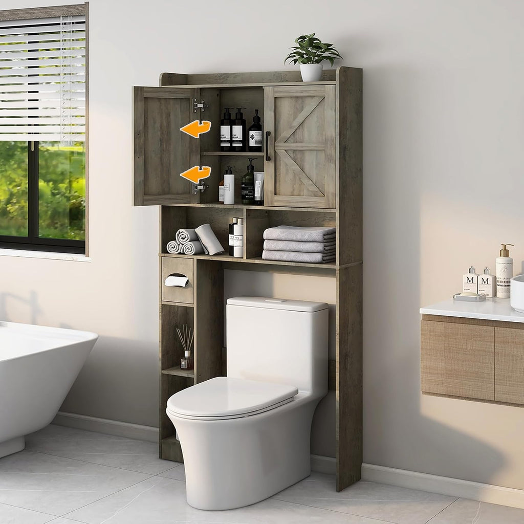 Over The Toilet Storage Cabinet, Farmhouse Storage Cabinet Over Toilet with 2 Barn Door & Toilet Paper Holder Stand，Home Space-Saving Toilet Rack, for Bathroom, Restroom, Laundry