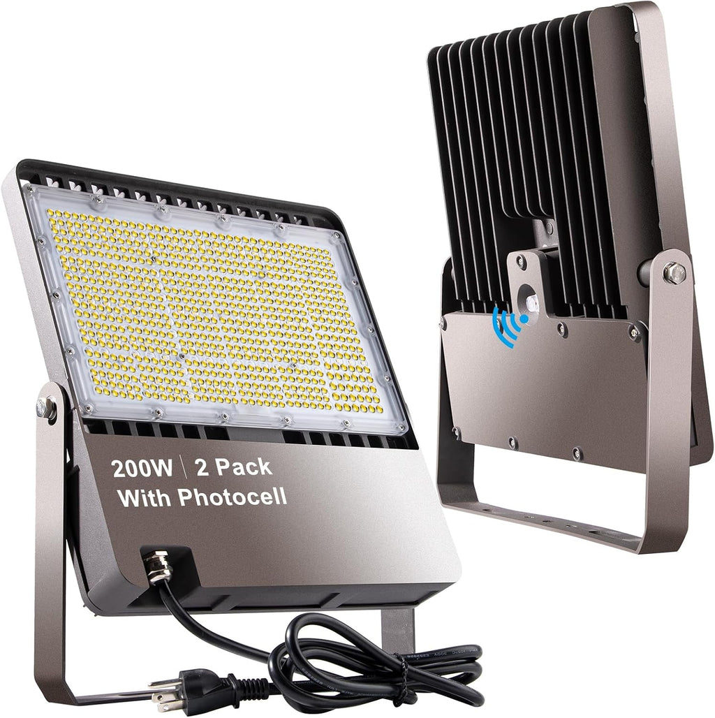 200W LED Flood Light Outdoor 30000Lm (800W Equivalent) Led Stadium Light with Dusk to Dawn, 5000K AC100-277V Commercial Flood Light with 5FT Plug, IP65 Waterproof Area Lighting for Stadium-2Pack