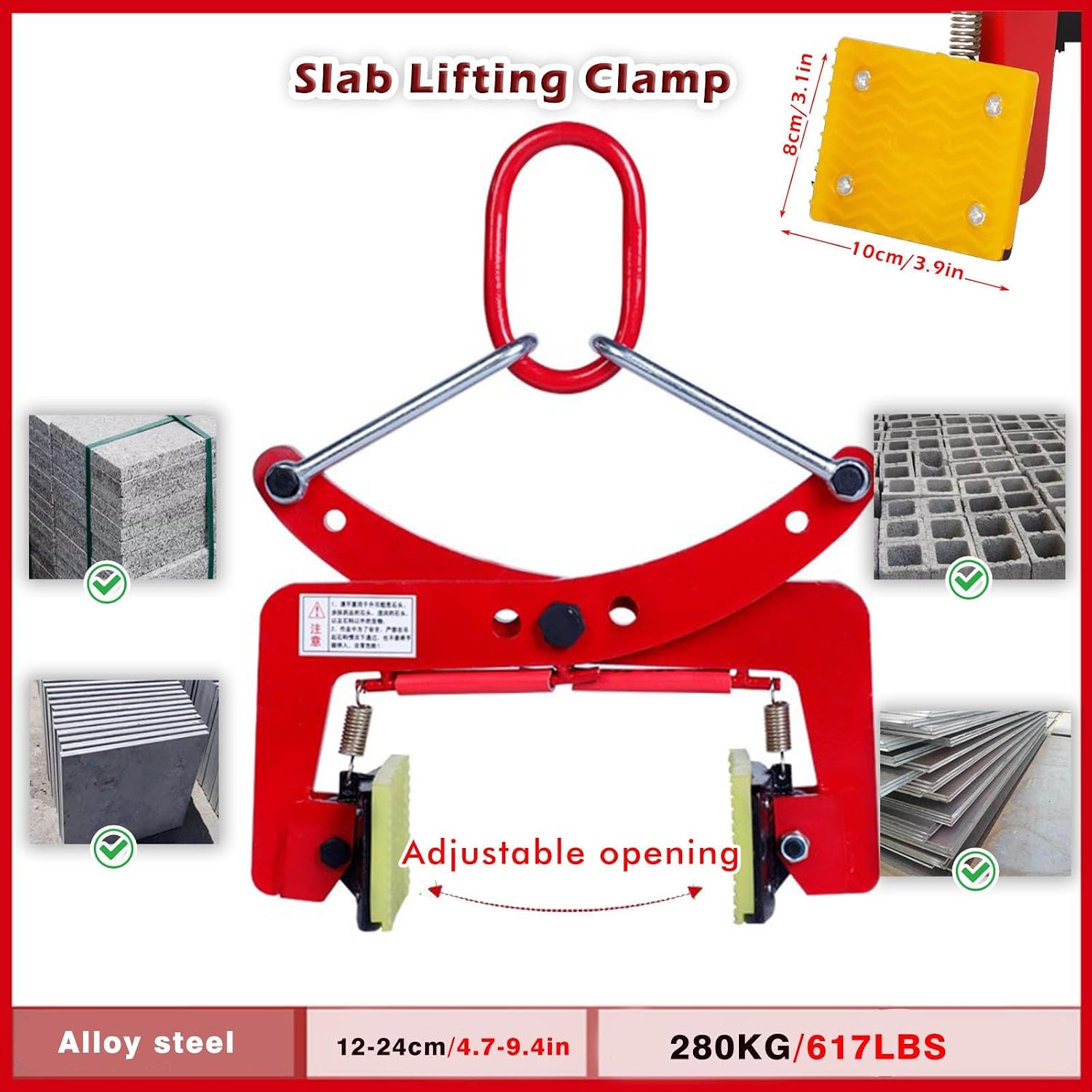 Feeding Mats Stone Carrying Clamps Heavy Duty, 573 617 716 Lbs Rock Clamp Lifter W/Rubber Pad For Marble/Concrete Curbs/Granite Slab, Block Lifting & Transporting Tool(Opening size 4.7-9.4in/12-24C