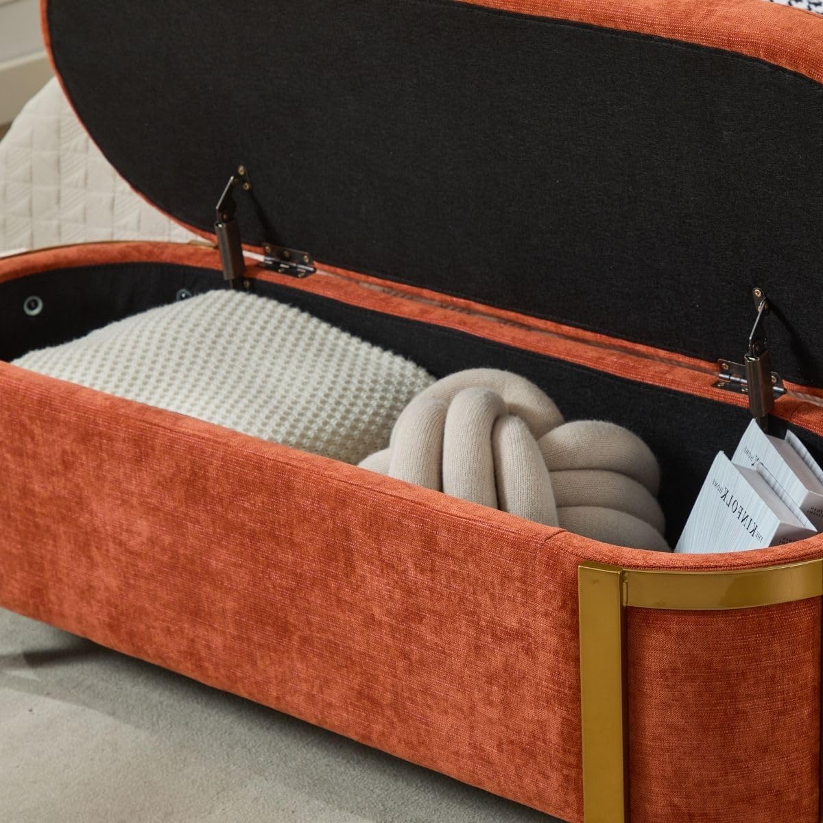 Hyfirm 48' Burnt Orange Storage Ottoman Bench – Oval Upholstered Stool with Gold Legs & Padded Seat, Long Settee for Living Room, Bedroom, End of Bed, Entryway, Hallway