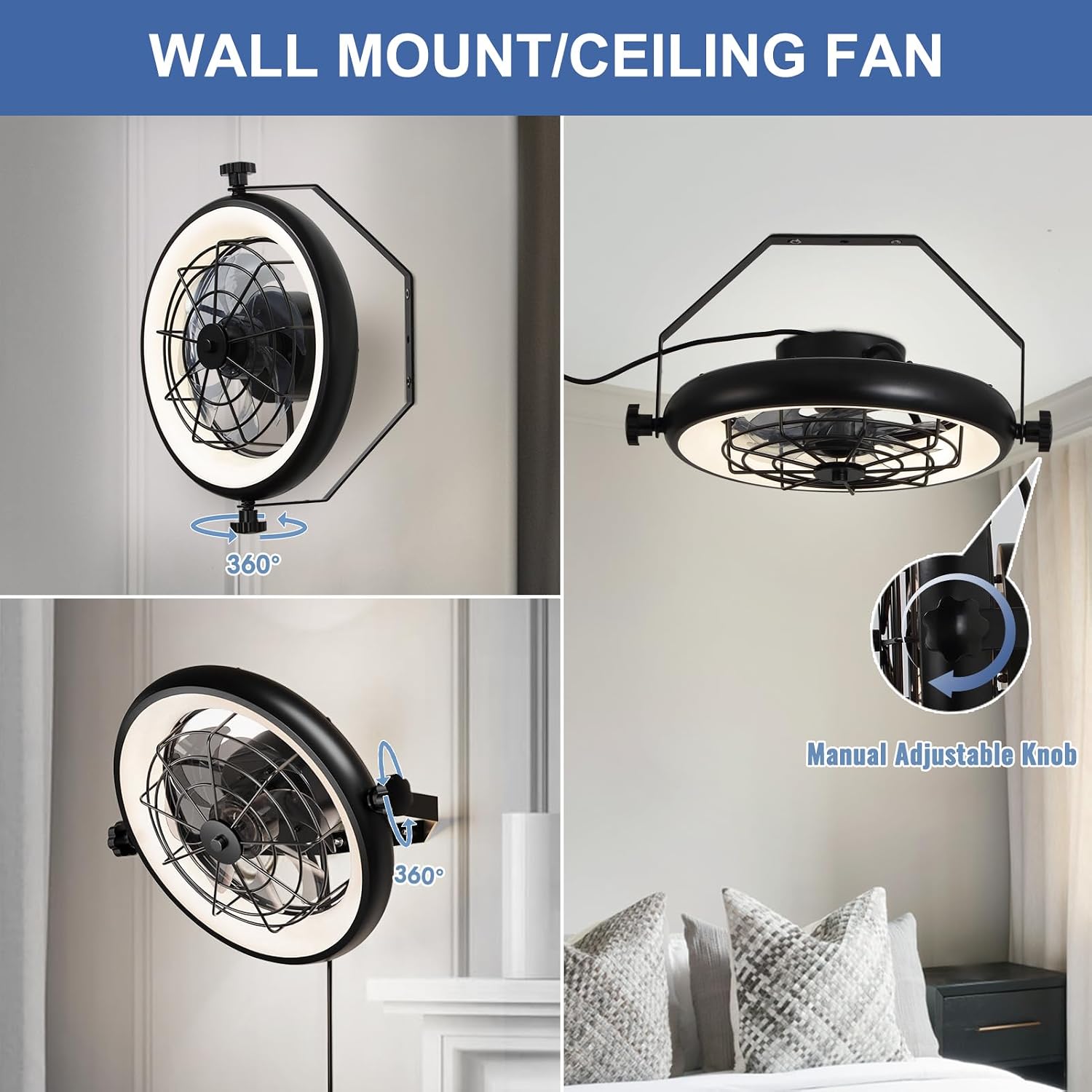 16' Wall Mounted Fan Indoor, Quiet 6 Speed Wall Mount Fan with Remote, Light and Timer, 360° Adjustable Tilt Plug in Wall Fan for Garage, Bedroom, Kitchen, Living Room, Greenhouse, Patio