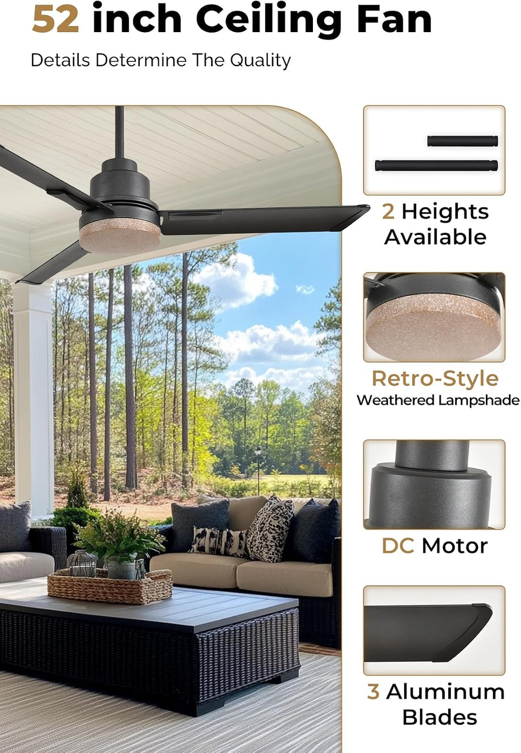 Orison 52' Outdoor Ceiling Fans with Lights and Remote Control,IP65 Wet Rated Waterproof Ceiling Fan with 6-Speed DC Motor, Farmhouse Gazebo Fan for Porch Patios Pavilion