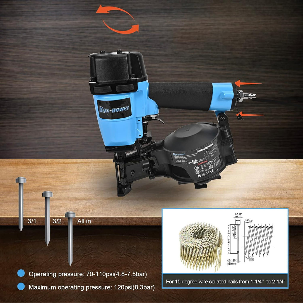 Roofing Nail Gun, 15 Degree CN45N Roofing Nailer 3/4-Inch to 1-3/4-Inch Coil Nails, 120-pcs Load Capacity Coil Nailer