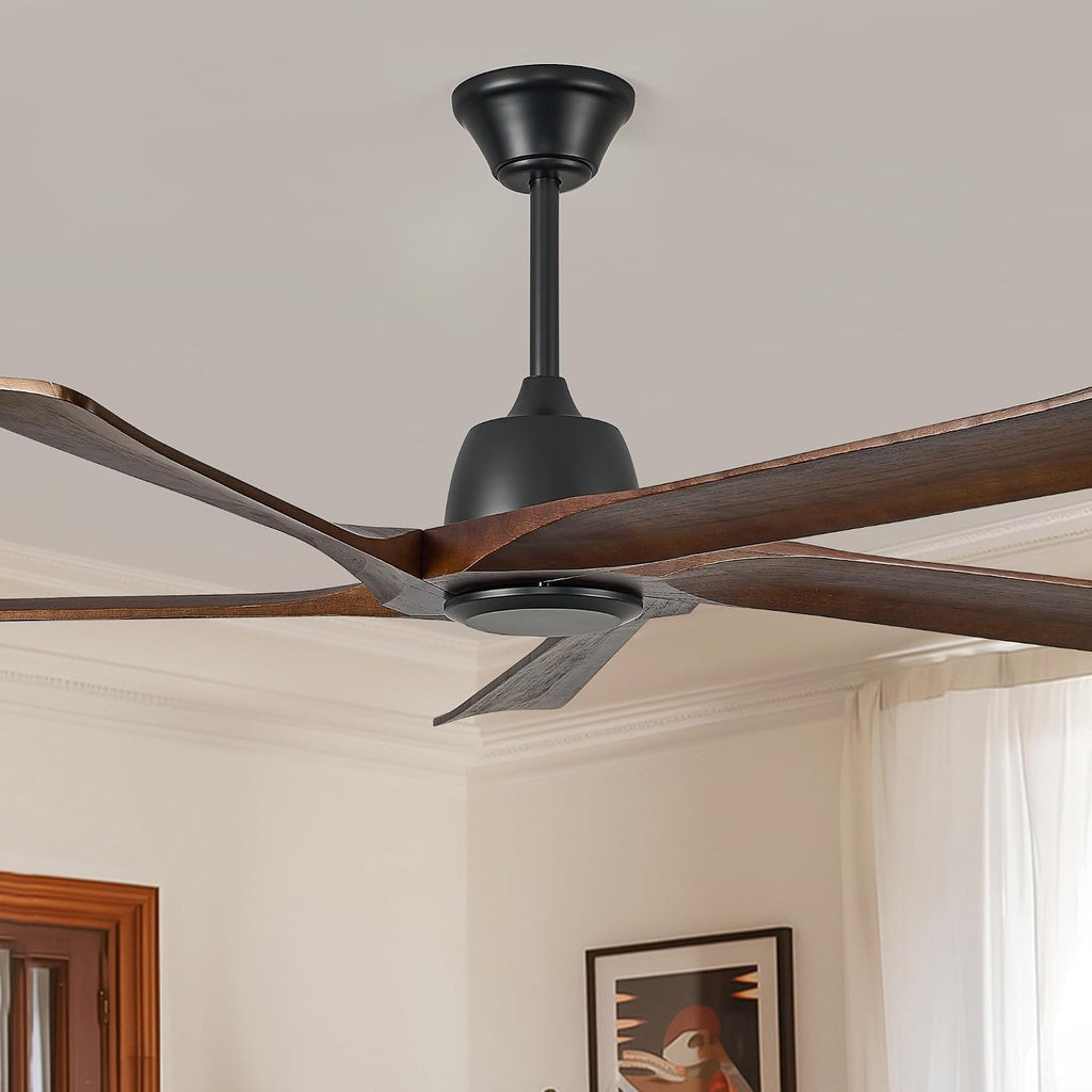 60 Inch Solid Wood Ceiling Fan No Lights, Remote and APP Control, DC Motor, 6-speed Reversible, Outdoor Ceiling Fans for Bedroom, Living Room, Office, Dark Walnut