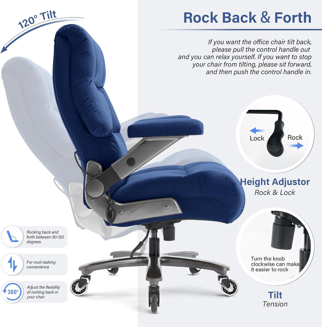 Big and Tall Office Chair 700lbs- Executive Desk Chair with Adjustable Lumbar Support 3D Flip UP Arms- Heavy Duty Quiet Wheels Metal Base Ergonomic Computer Chairs, Blue