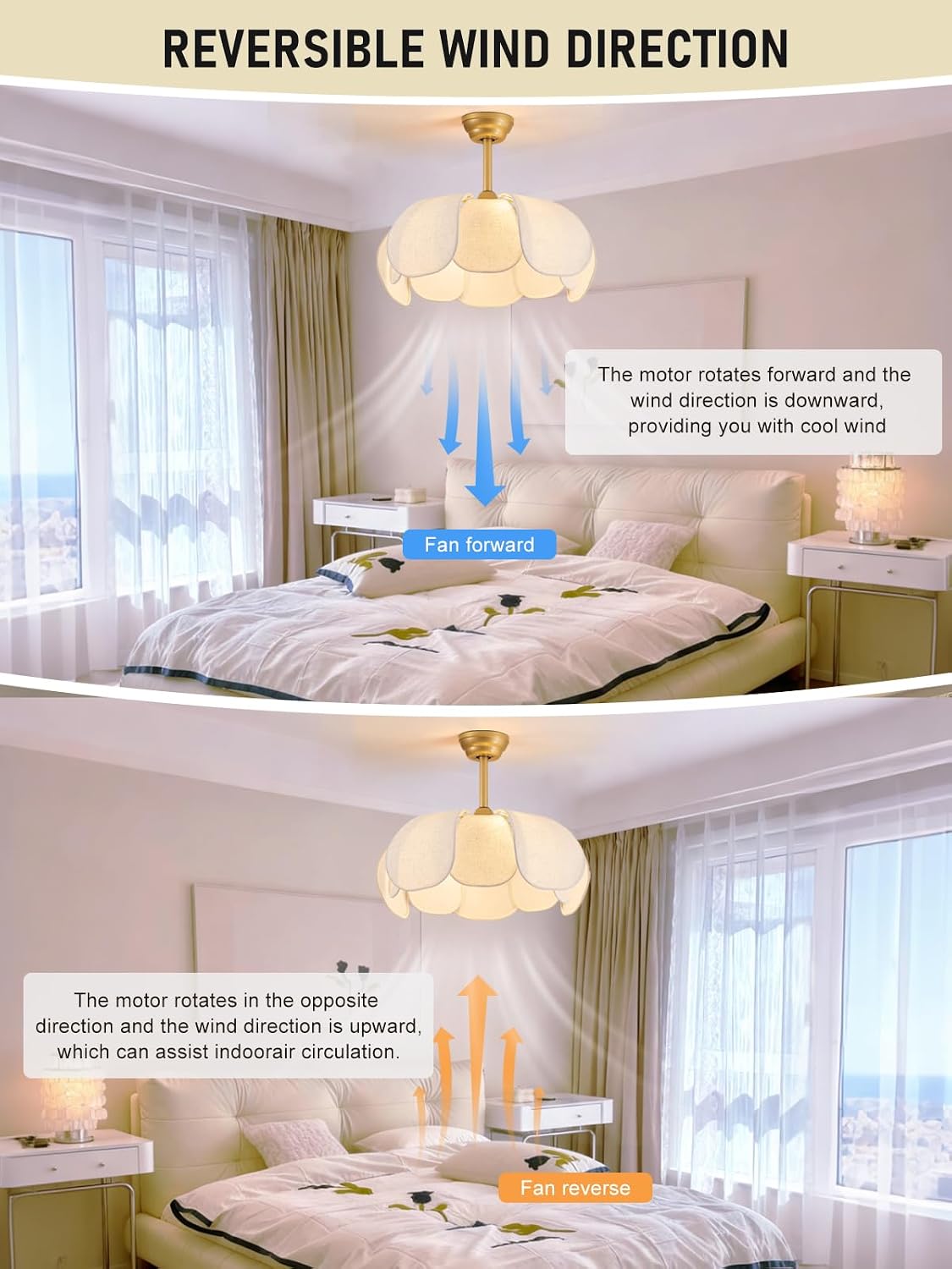 Boho Ceiling Fans with Lights,Flower Chandelier Ceiling Fan with Light and Remote Control，Rattan Coastal Fandelier for Bedroom, Living Room,Foyer(26 Inch,6 Speed, Timing Adjustable Height)