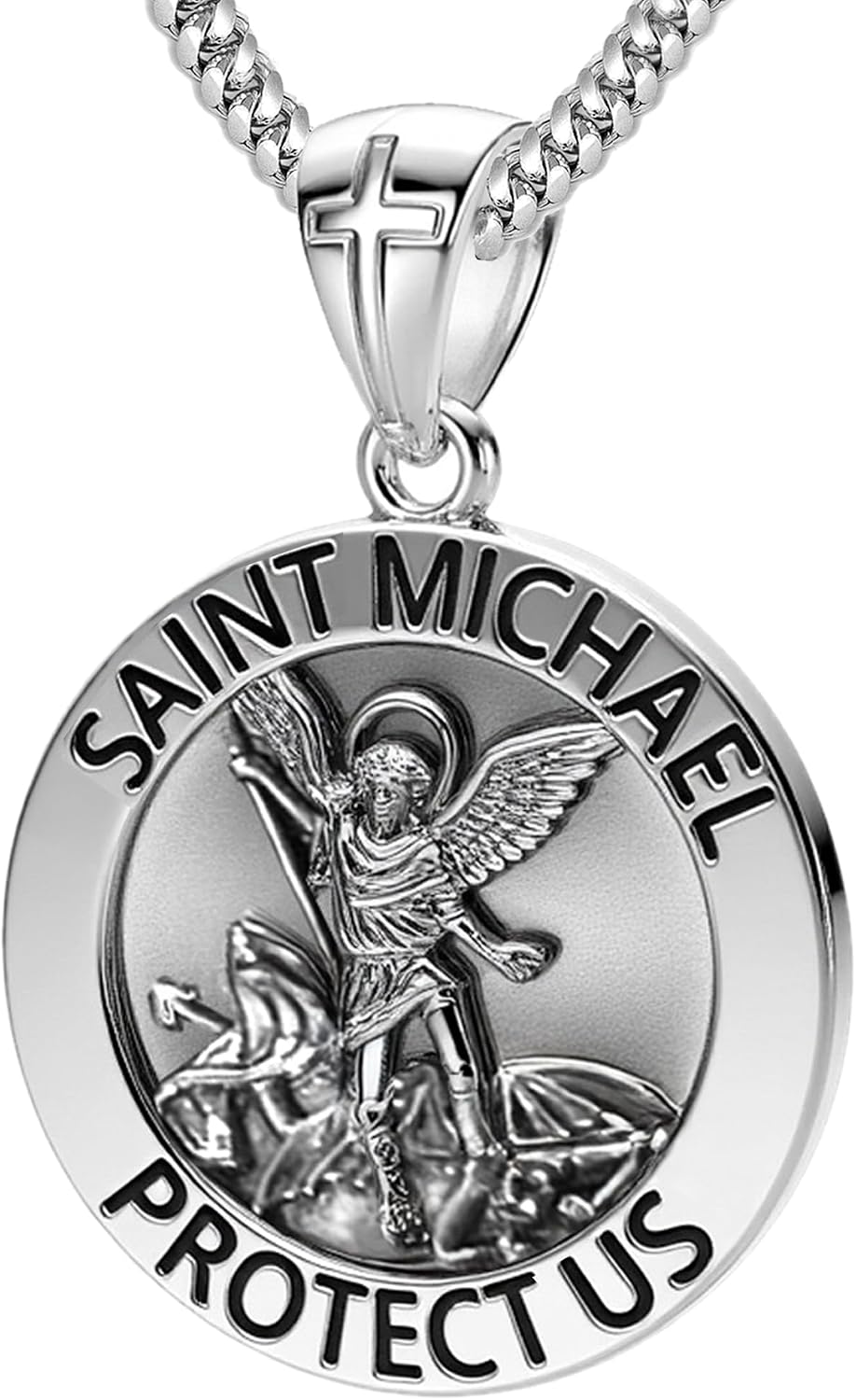 US Jewels Men's 925 Sterling silver 33mm Saint Michael Medal Antique Finish Round Pendant Necklace, 22in to 26in
