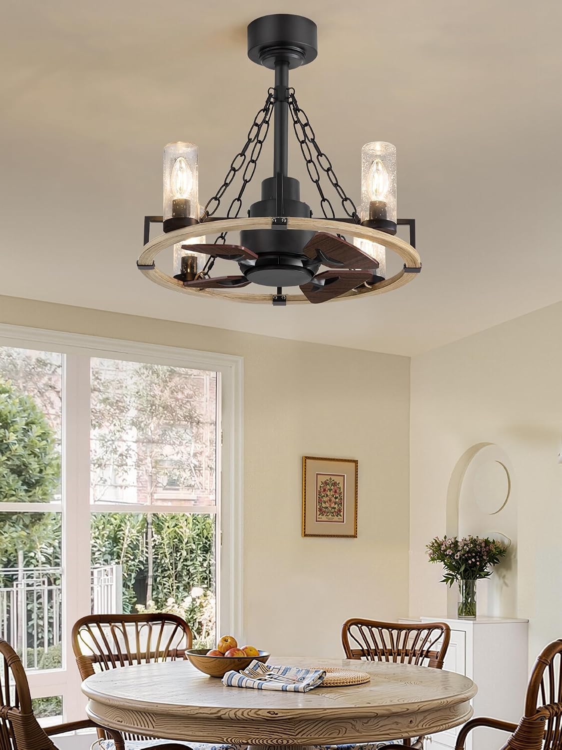 Wagon Wheel Rustic Chandelier Ceiling Fan with Light, 20 inch Farmhouse Caged Ceiling Fans, Quiet Reversible Motor, Dual Finish Blades, Wood Bladeless Fan Lights Ceiling Fixtures for Bedroom Kitchen