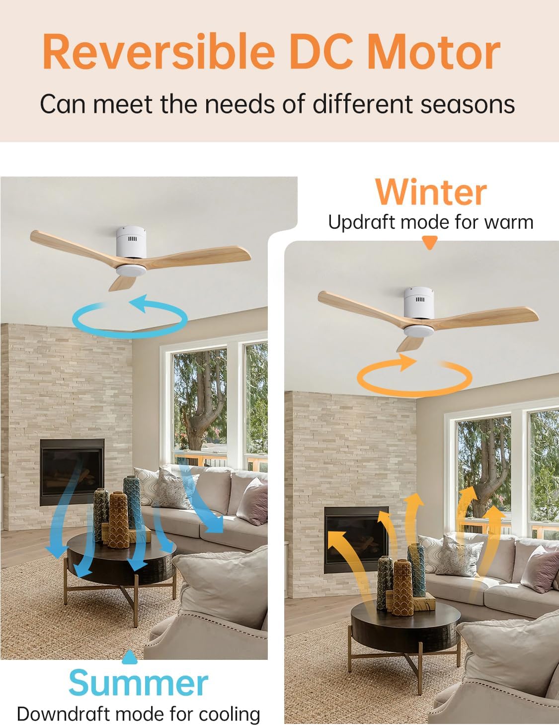 Sofucor Ceiling Fan without Lights, 52 Inch Low Profile Flush Mount Mordern Wood Ceiling Fan with Remote for Indoor Farmhouse Bedroom Living Room Outdoor Patio Porch, Reversible DC Motor, Noiseless