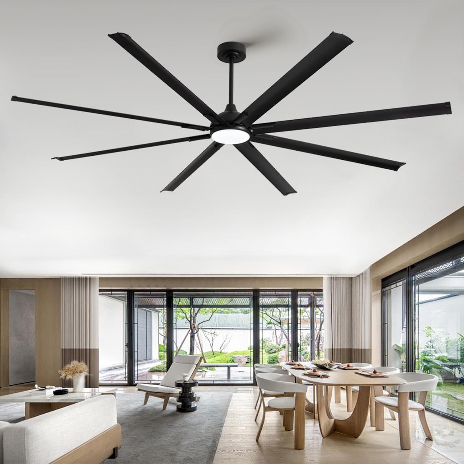 LuminFan 96 Inch Large Ceiling Fan with 8 Aluminum Blades, 6-Speed, 3-CCT, Turbo DC Motor, Remote Black Ceiling Fan for Living Room, Warehouse, Garage - Heavy-Duty Industrial Design