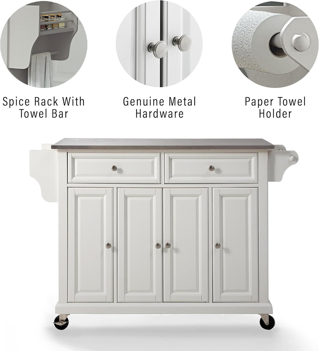 Crosley Furniture Full Size Stainless Steel Rolling Kitchen Island Storage Cart, Microwave Stand, Spice Rack, White