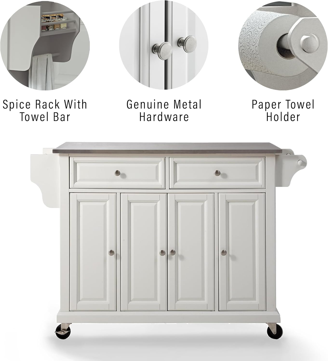 Crosley Furniture Full Size Stainless Steel Rolling Kitchen Island Storage Cart, Microwave Stand, Spice Rack, White