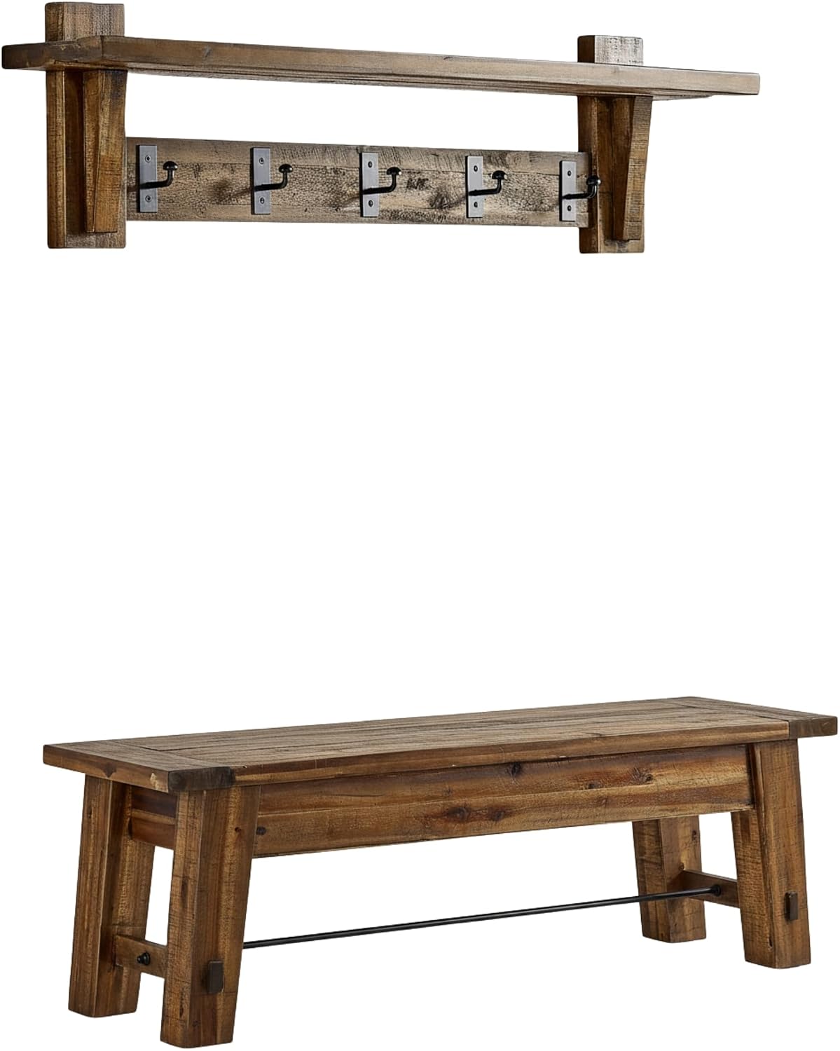 Durango 60-Inch Industrial Wood Coat Hook Shelf and Bench Set, Rustic Farmhouse Entryway Furniture with Metal Accents, 450 lbs Bench Capacity, Includes Cleat System for Easy Hanging