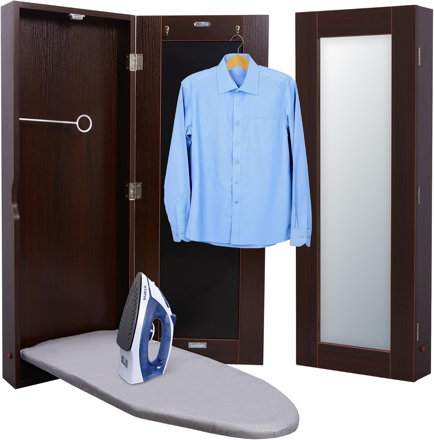 Ivation Wall-Mounted Ironing Board Cabinet, Foldable Ironing Storage Station for Home, Apartment & Small Spaces, Easy-Release Lever, with Miror Door, Walnut Color