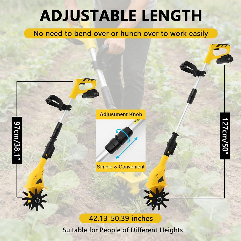 Cordless Tiller Cultivator,4' Depth and 4' Width Handheld Garden Cultivators with 20 Manganese Steel Tines Household Electric Rototiller for Farm,Park,Garden,to Plow,Turn Soil 2Battery