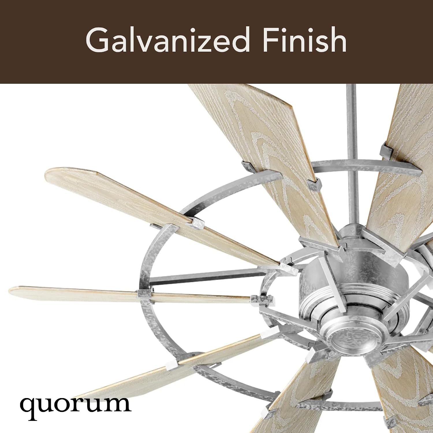 Quorum 195210-9 Windmill 52 Inch Ceiling Fan | 10 Blade Wagon Wheel Design | 6 Speed Reversible DC Motor | Remote Control Included | Damp Rated Fan | Weathered Oak Blades | Galvanized Finish