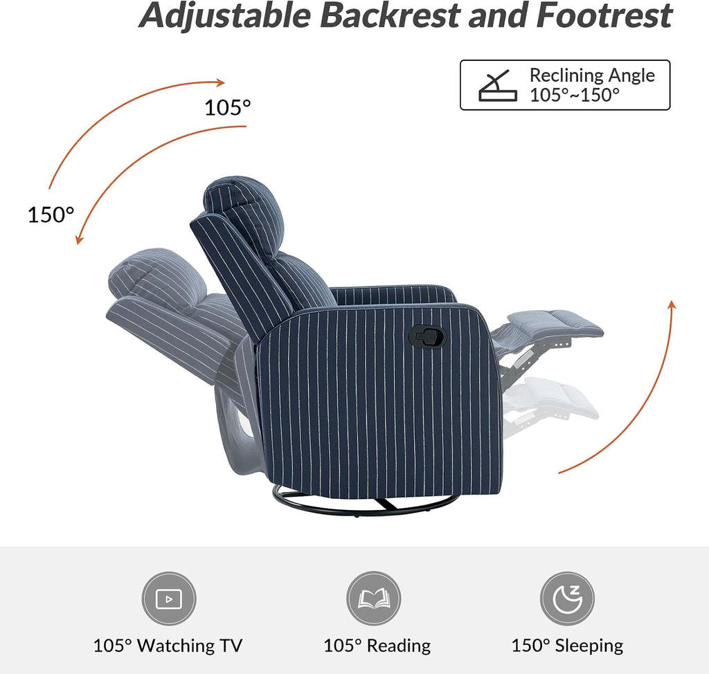 HULALA HOME Swivel Rocker Recliner Adjustable Home Theater Single Fabric Recliner Sofa Furniture, Living Room Rocking Recliner Chairs Nursery, Set of 2 Navy Striped Pattern