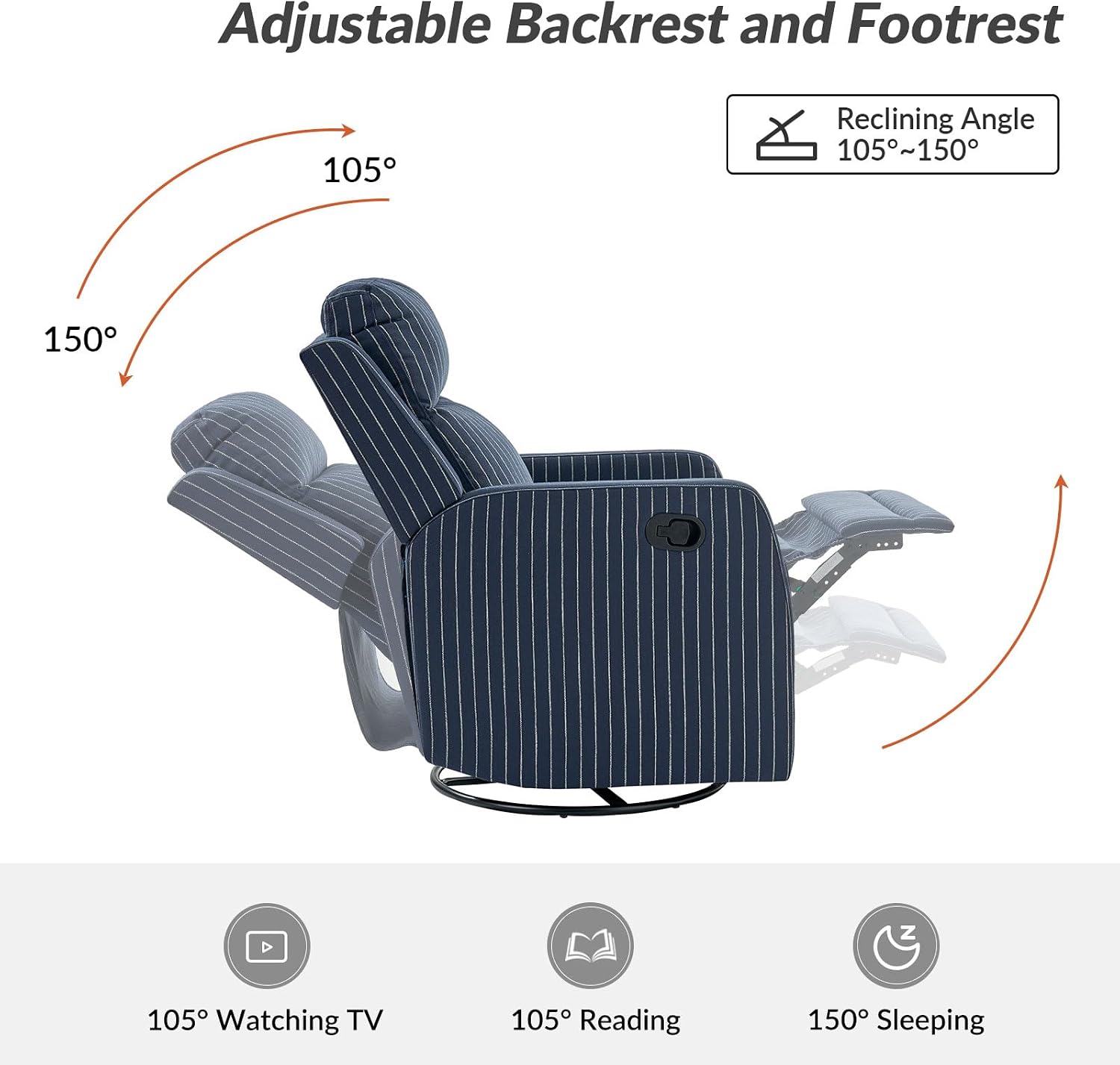 HULALA HOME Swivel Rocker Recliner Adjustable Home Theater Single Fabric Recliner Sofa Furniture, Living Room Rocking Recliner Chairs Nursery, Set of 2 Navy Striped Pattern