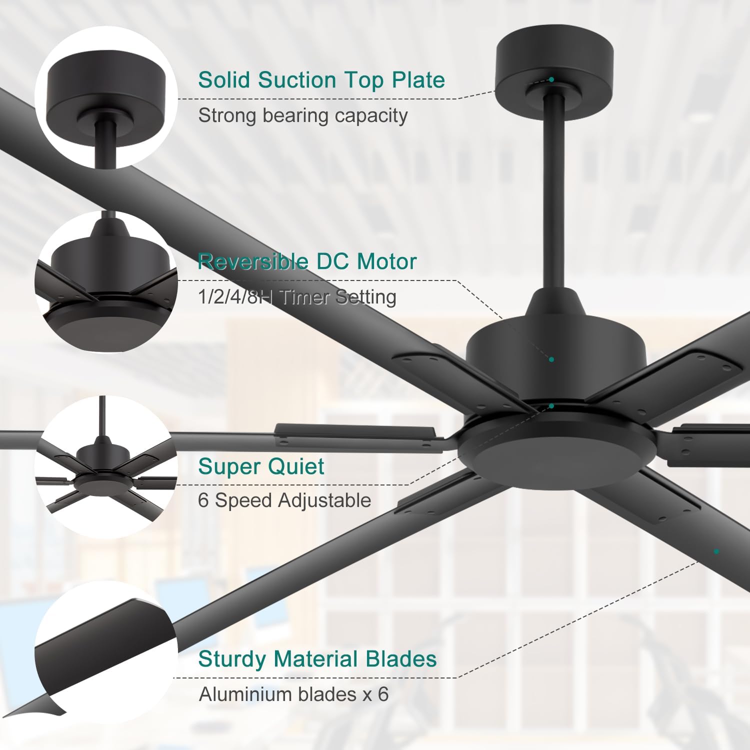 120 Inch Ceiling Fan No Lights Extra Large HVLS 10ft Industrial Black Ceiling Fan without Light for High Ceiling Ultra-Quiet DC Motor 6 Aluminum Blades for Commercial Use Garage Warehouse Gym