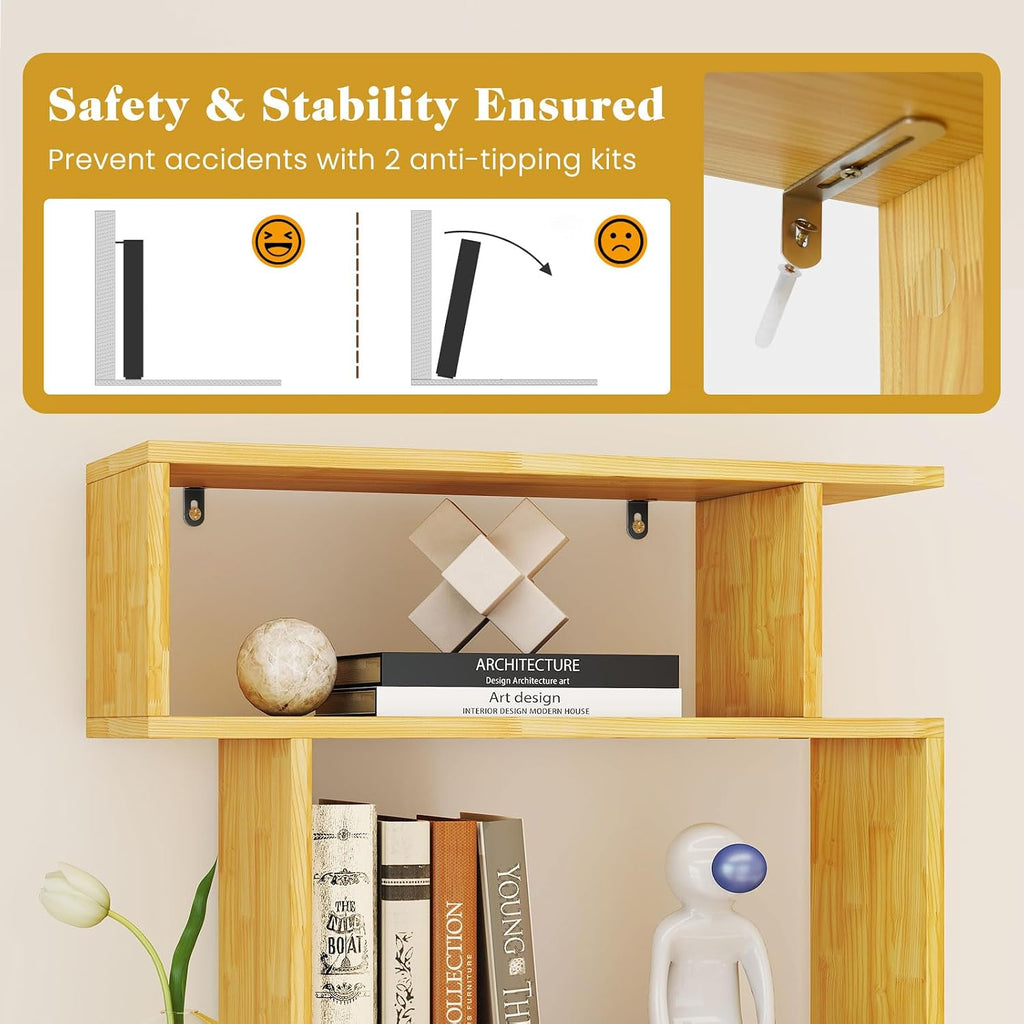 Giantex 6-Tier Geometric Bookshelves Set of 2, S-Shaped Bookcase with 2 Anti-Tipping Kits, Wooden Display Shelf, Decorative Storage Shelving Unit, Home Storage Organizer for Living Room, Burlywood