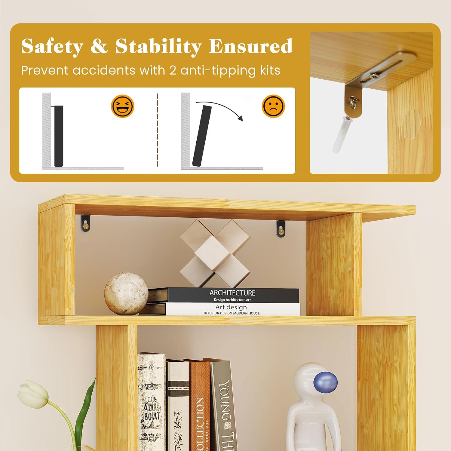 Giantex 6-Tier Geometric Bookshelves Set of 2, S-Shaped Bookcase with 2 Anti-Tipping Kits, Wooden Display Shelf, Decorative Storage Shelving Unit, Home Storage Organizer for Living Room, Burlywood