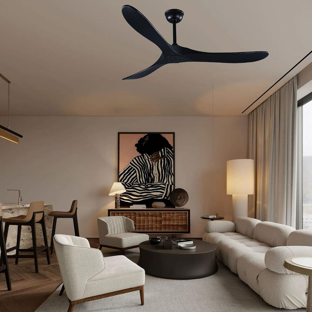 Black Ceiling Fans without Lights, 70'' Modern Solid Wood Ceiling Fan with Remote, Quiet DC Motor, Flush Mount Low Profile Indoor or Covered Patio Ceiling Fan for Bedroom Living Room