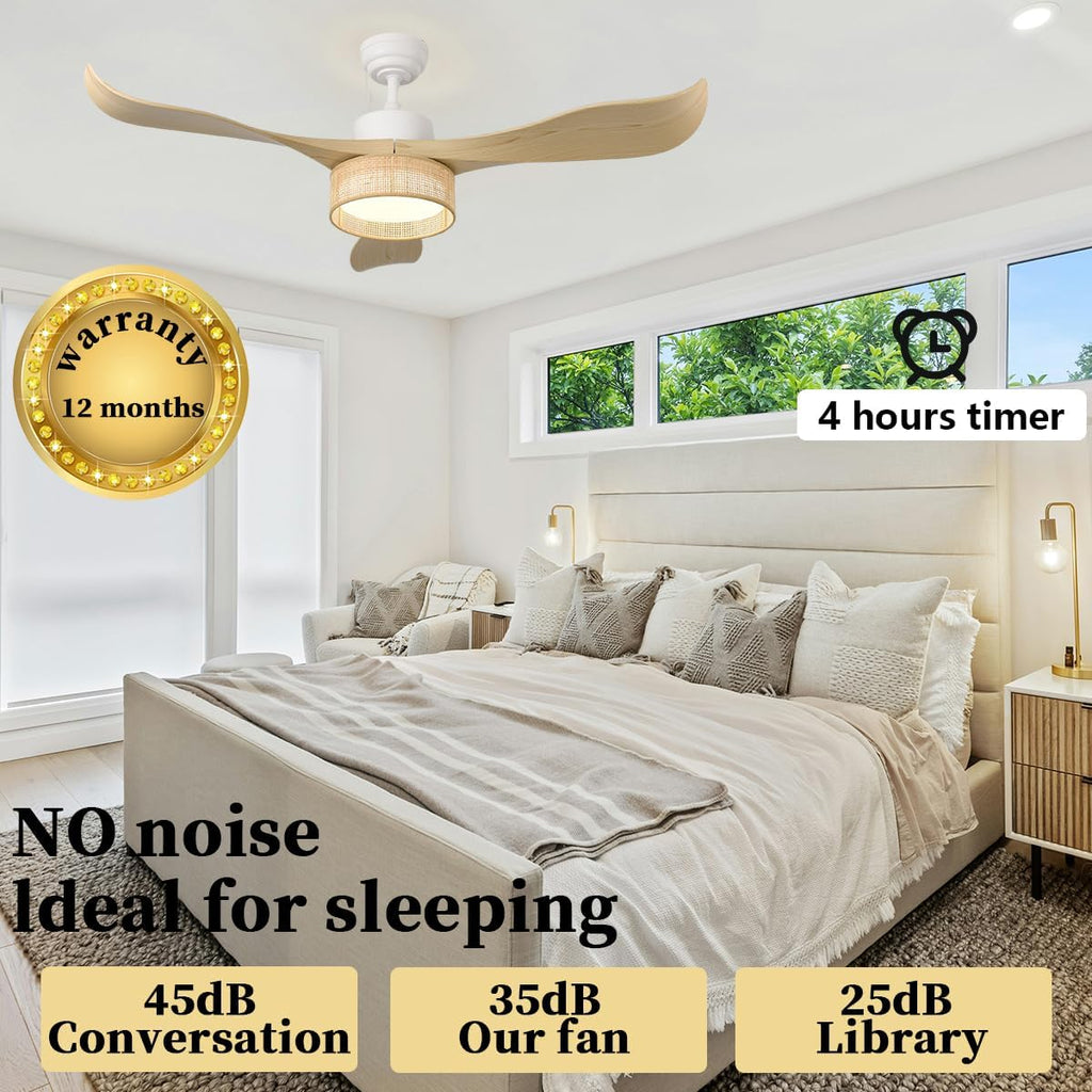 Eamonex 52 inches LED Bamboo DC Ceiling Fan with Light Fixture and Remote Control,Boho Wooden Bohemian Dimmable Rattan Wicker Fandelier for Indoor,Outdoor,Bedroom,Living room,Dining room
