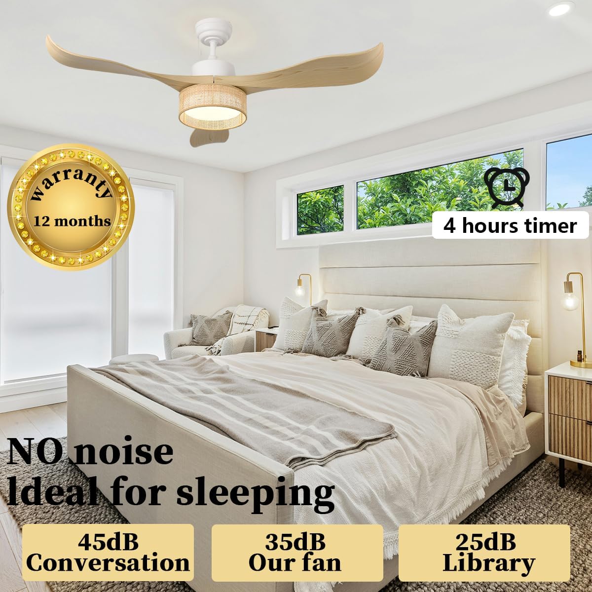 Eamonex 52 inches LED Bamboo DC Ceiling Fan with Light Fixture and Remote Control,Boho Wooden Bohemian Dimmable Rattan Wicker Fandelier for Indoor,Outdoor,Bedroom,Living room,Dining room