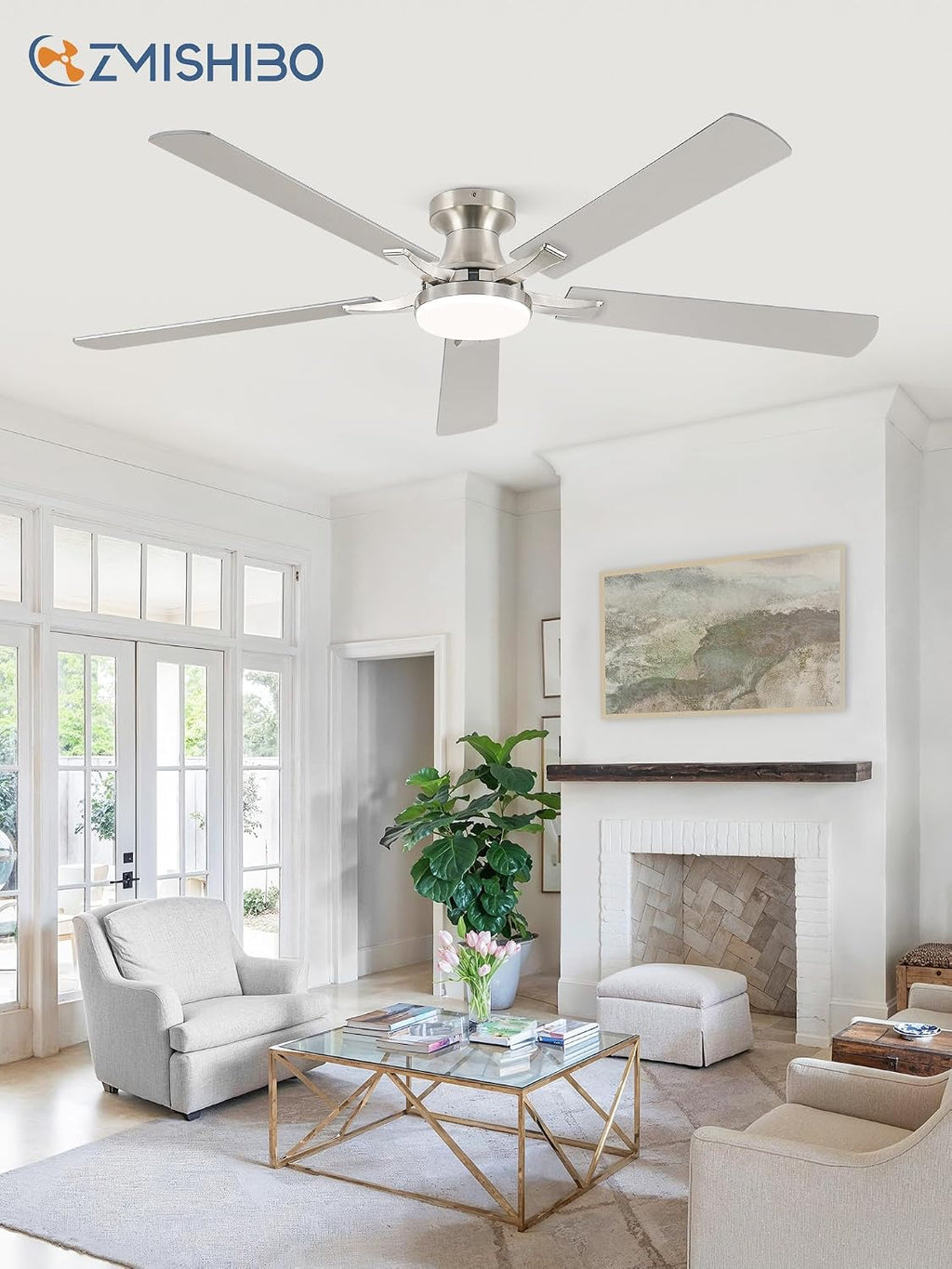 ZMISHIBO 60 Inch Ceiling Fan with Light, App&Remote Control, Flush Mount Low Profile, Dimmable 20W LED Light, Quiet Reversible Motor for Bedroom, Living Room, Apartment, Nickel